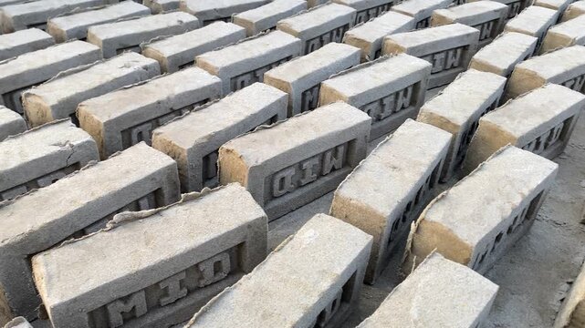 Rows of rectangular raw bricks kept for drying in Bangladesh with raised lettering stand closely packed on a dusty surface under natural light.