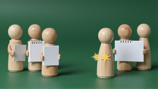 Wooden figures hold books, one with a star symbol stands apart.