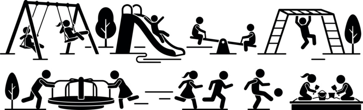 Children Playground Activities Silhouette Icon Set with Swings, Slide, Seesaw, Monkey Bars, Merry Go Round, Sandbox, and Soccer Playing Kids