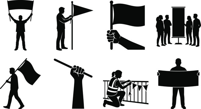 Black and white protest and demonstration vector icons set featuring banners, flags, and activists