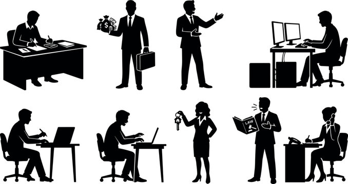 Corporate Business and Legal Office Management Silhouette Icon Set with Desk Work, Money Bags, Computer Programming, Lawyer, and Reception Phone Symbols