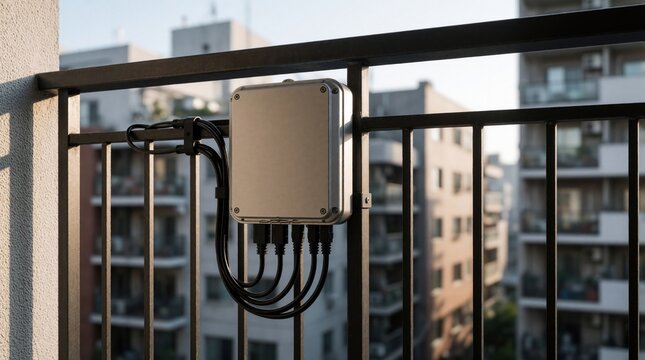 Solar panel microinverter device with cables attaches to apartment balcony railing. Urban building background suggests residential renewable energy solution for city dwellers generating clean