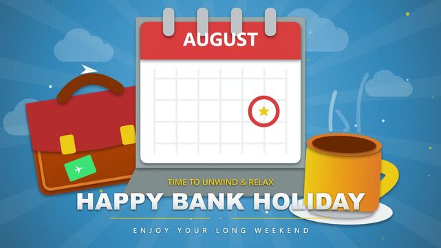 August Calendar Showing Holiday with Luggage and Steaming Beverage on Blue Background