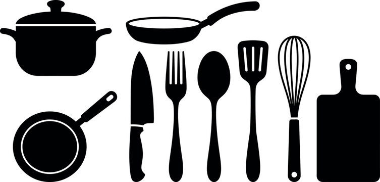 Kitchen Utensils and Cookware Silhouette Icon Set with Pots, Frying Pans, Chef Knife, Fork, Spoon, Spatula, Whisk, and Cutting Board for Restaurant Designs