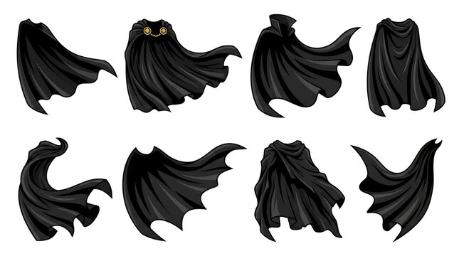 Black superhero capes set, 8 waving dark cloaks for costume design, flowing vampire mantle illustrations, gothic fabric drapery icons
