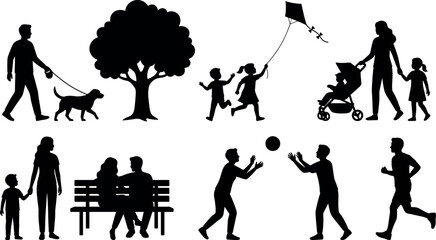 Public Park Activities and Family Recreation Silhouette Icon Set with Dog Walking, Flying Kite, Baby Stroller, Bench Sitting, Ball Playing, and Jogging