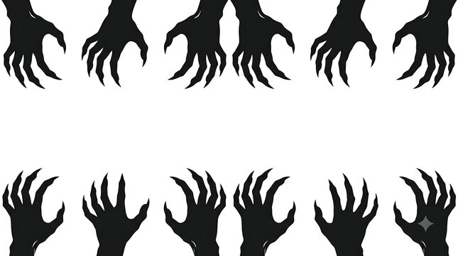 Creepy monster hands silhouette border, spooky demon claws reaching from top and bottom, dark gothic horror frame for Halloween design