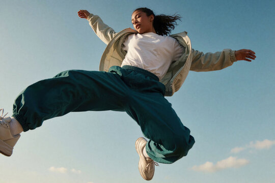 Young woman jumps high in mid-air against blue sky. Wears white t-shirt, baggy teal pants, beige jacket. Athletic female performer shows dynamic movement, energy through hip hop dance moves in urban