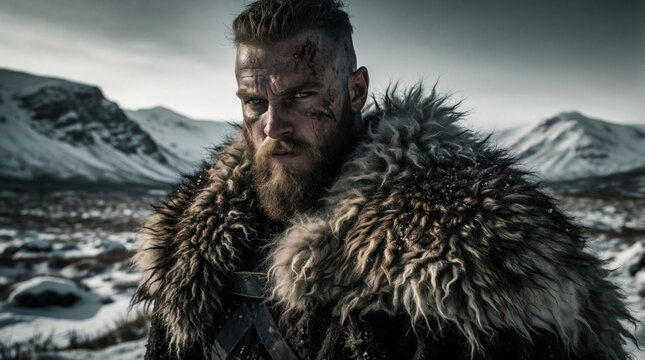 Fierce viking warrior with scarred face stands in cold snowy wilderness. Bearded man wears heavy fur cloak in winter landscape. Powerful scandinavian fighter exhibits grit during arctic expedition.