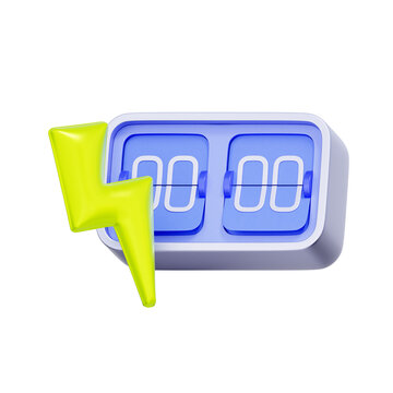 3d illustration of flip clock with lightning bolt for time management, countdown, flash sale, deadline, and scheduled event.