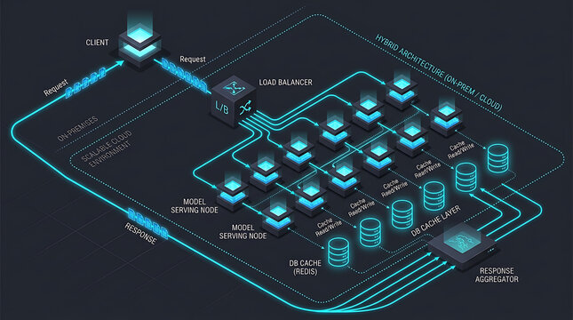 Dark Themed Isometric AI Inference Cluster Load Balancing Architecture Model Serving Nodes Hybrid Cloud