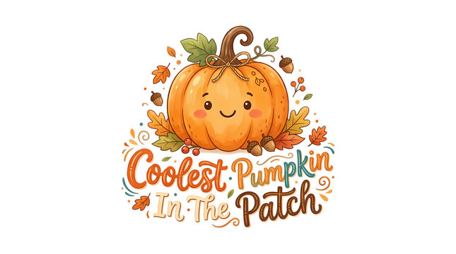 Cute pumpkin with happy face and leaves, text coolest pumpkin in the patch, fall celebration.