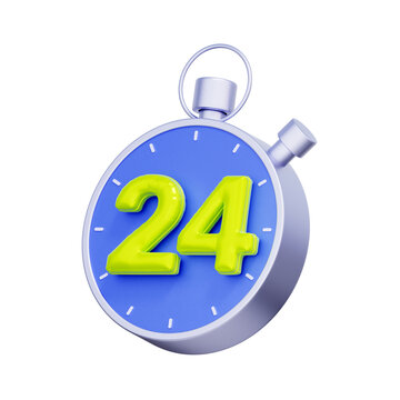 3d illustration of stopwatch with number twenty four for twenty four hours service, round the clock support, availability, and time tracking.
