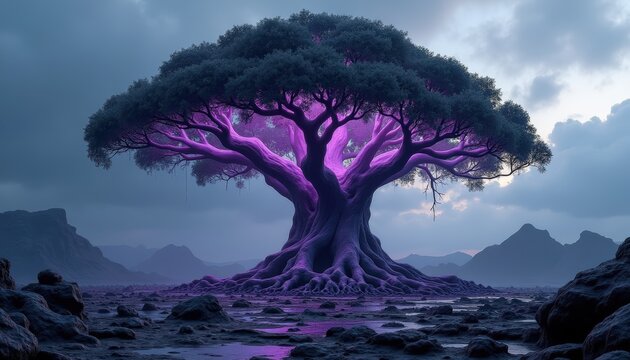 majestic ancient tree with glowing purple aura roots in dark desolate landscape, ethereal fantasy nature, surreal