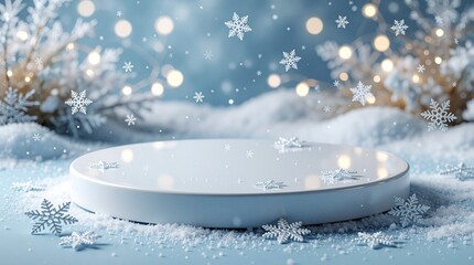 Fototapeta premium White round podium sits in soft snow surrounded by falling snowflakes and festive bokeh lights. Minimalist winter display for products or themes. Delicate frosty scene.