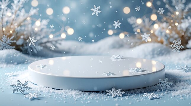 White round podium sits in soft snow surrounded by falling snowflakes and festive bokeh lights. Minimalist winter display for products or themes. Delicate frosty scene.