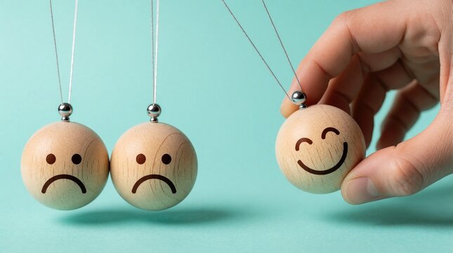 Hand moves wooden sphere with smiling face toward sad icons on Newton cradle device. Concept shows how positive emotions influence mood. Social psychology demonstrates empathy, support for people