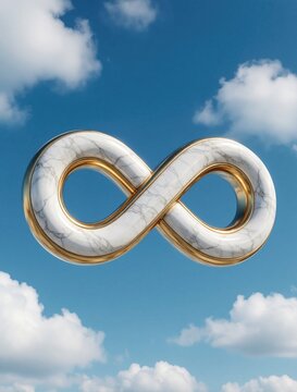3D infinity sign made of white marble, gold metallic material floats against blue sky with white clouds. Abstract symbol represents eternity, success for corporate marketing. Modern elegant sculpture