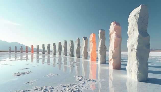 Row of tall vertical stone pillars standing on a reflective salt flat landscape, surreal geological formation, desert