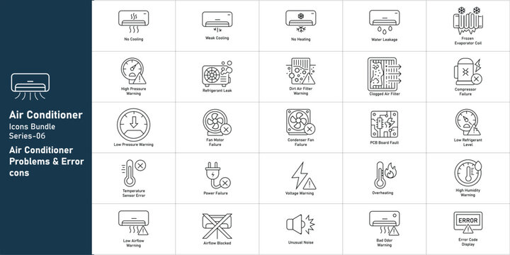 Air conditioner icons bundle series 01, HVAC problems and error icons set, 25 cooling system maintenance and repair vector line symbols