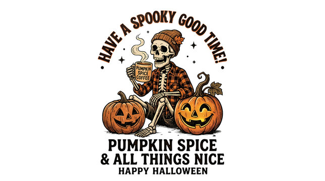 Have a spooky good time pumpkin spice coffee skeleton happy Halloween.