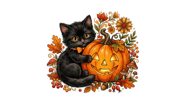 Illustrative black kitten embracing Halloween pumpkin surrounded by autumn leaves.