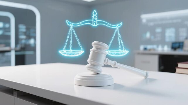 Legal justice concept with gavel, scales, law office, balance, judge, and court in modern courtroom interior