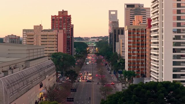 Rich golden light over the city skyline in Curitiba Parana, Parana, Brazil