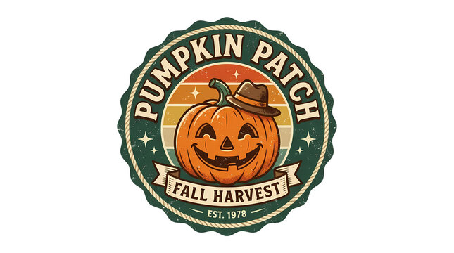 Pumpkin patch fall harvest vintage emblem with pumpkin and text est 1978.