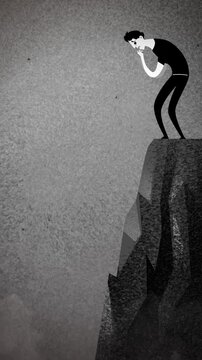 person with acrophobia and vertigo terrified while standing at the edge of a high cliff