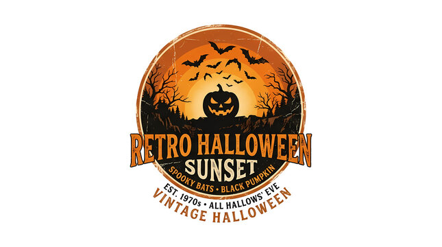 Retro halloween sunset spooky bats black pumpkin vintage sign emblem poster art design.