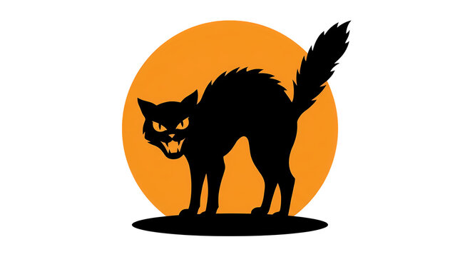 Scary black cat arched back hissing against orange moon on halloween night.