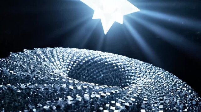 Geometric dark crystal polyhedron on bed of silver particles.