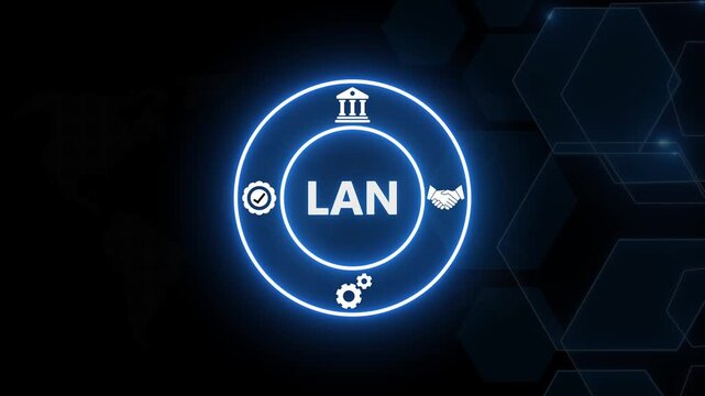 Lan local area network concept with digital and glowing hud interface networking technology