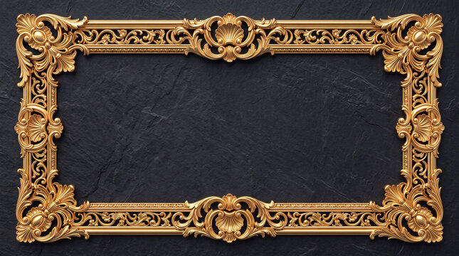 Luxury ornate gold baroque picture frame with copy space mockup centered on a dark black slate stone texture background, elegant vintage design template.