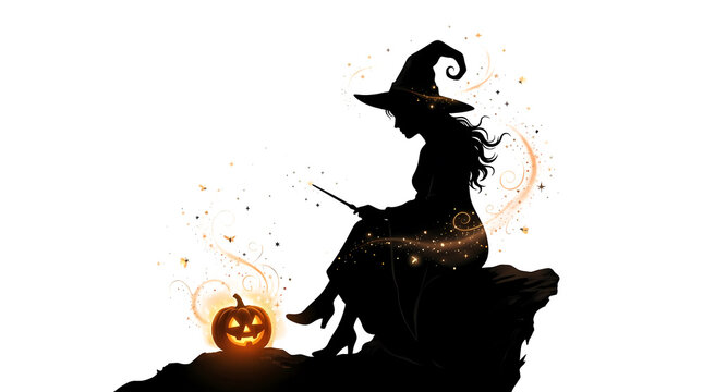 Silhouette witch casting spell on glowing pumpkin on rock with magical sparkles.