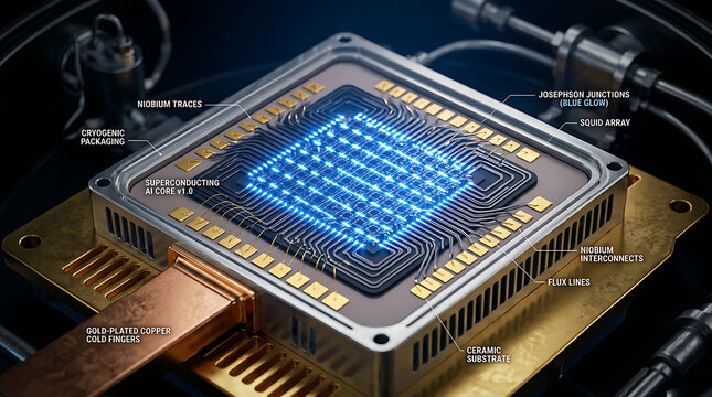 Photorealistic Macro Superconducting AI Processor Josephson Junction Niobium SQUID Cryogenic Packaging