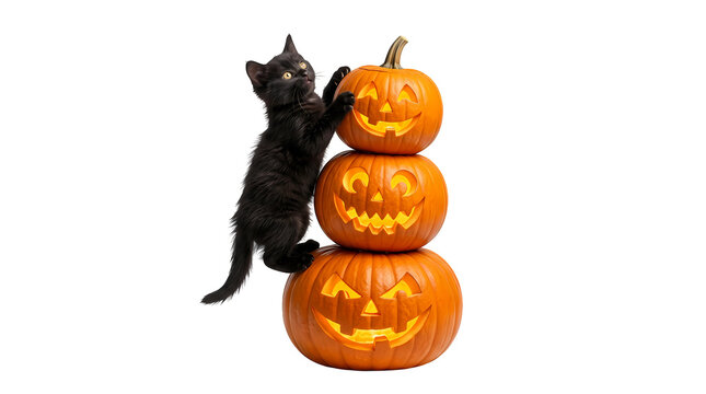 Small black kitten climbs stack of three glowing jack o lanterns, spooky Halloween scene.