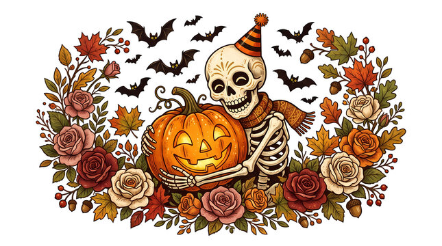 Skeleton with pumpkin and flowers for halloween night party celebration.
