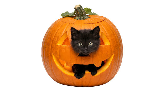 Small black kitten inside a carved halloween pumpkin with glowing triangle eyes, cute pet.