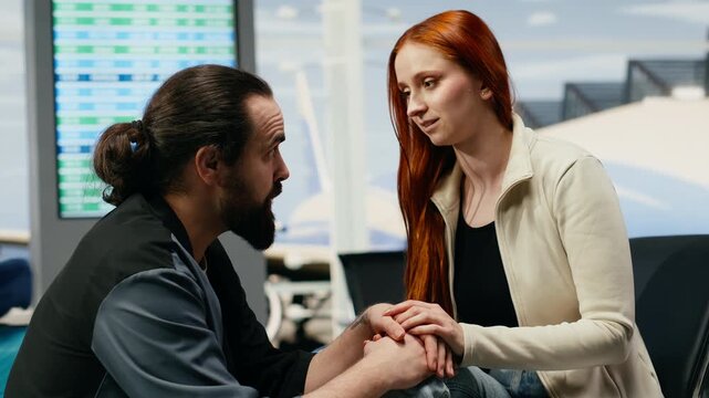 A happy couple cuddles and holds hands at the airport before a flight, expressing affection and an intimate emotional connection while preparing for a romantic holiday vacation together.