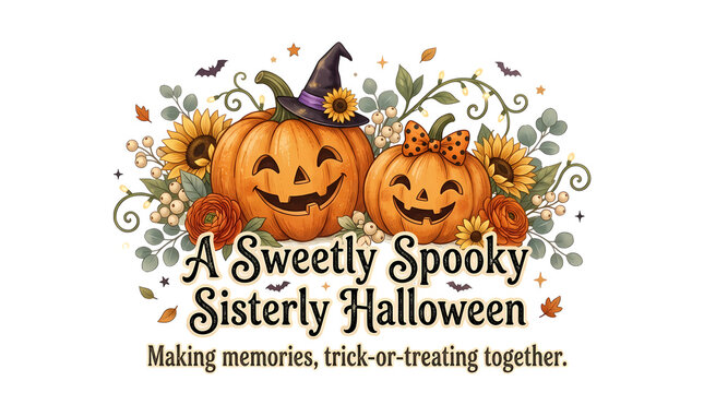 Sweetly spooky sisterly Halloween pumpkins witch hat bow.