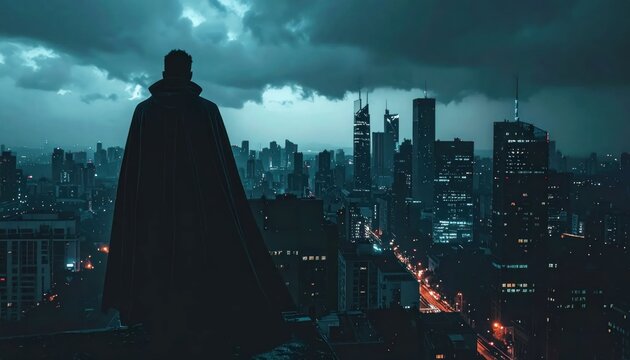 Silhouette of caped figure overlooking dark city skyline.