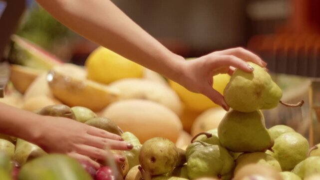 Woman's hands holding pears on a fruit shelf. Food shopping. Focus on hands holding a pears clean bunch in a supermarket grocery store aisle. Blurred fruits and vegetables shelves background. Fresh.