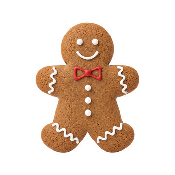 Traditional gingerbread man cookie with white icing and red bow
