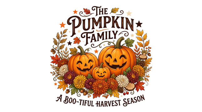 The pumpkin family a boo tiful harvest season greeting with pumpkins flowers leaves and pine cones.