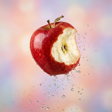 Fresh bitten red apple with water splashes and droplets on a soft colorful background. apfel angebissen