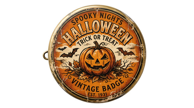 Vintage halloween trick or treat badge with pumpkin and bats.