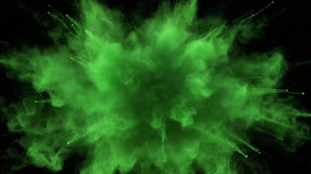 A dynamic slow-motion video of vibrant green powder exploding outward against a solid black background, creating a dramatic burst of color.