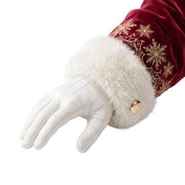 Santa claus hand in white leather glove and velvet sleeve